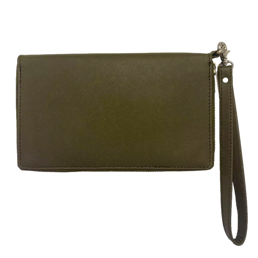 Estalon Womens Zip around Leather RFID Protection Wristlet Wallet Khaki Saffiano